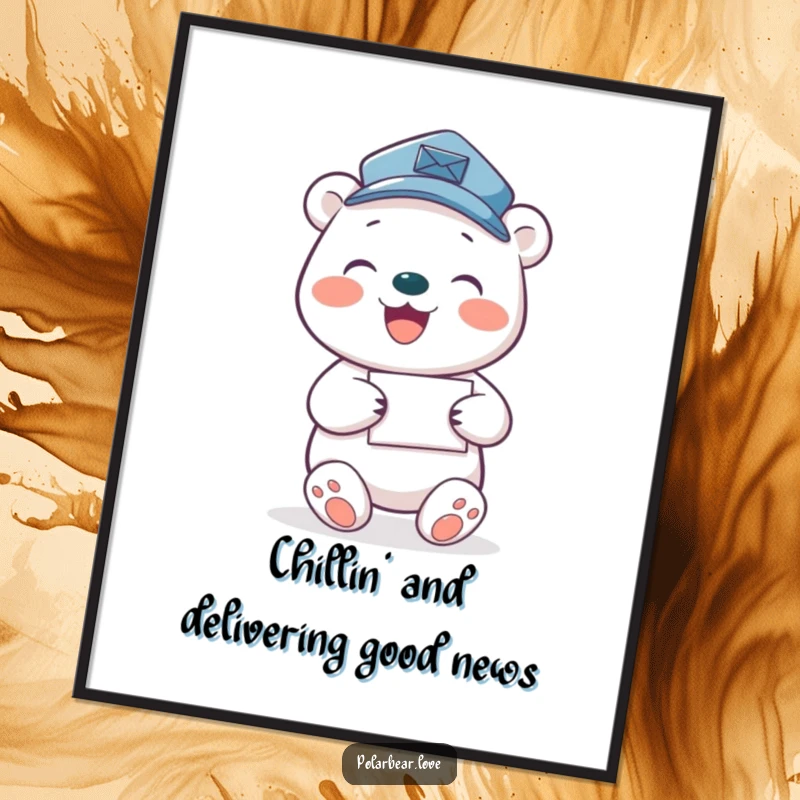 Funny Free Printable Wall Art: A joyful polar bear dressed as a mail carrier, gleefully delivering letters.