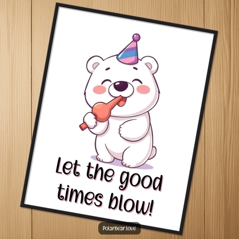 Funny Free Printable Wall Art: Cheerful Polar Bear with Party Blower Blowing it with Gusto