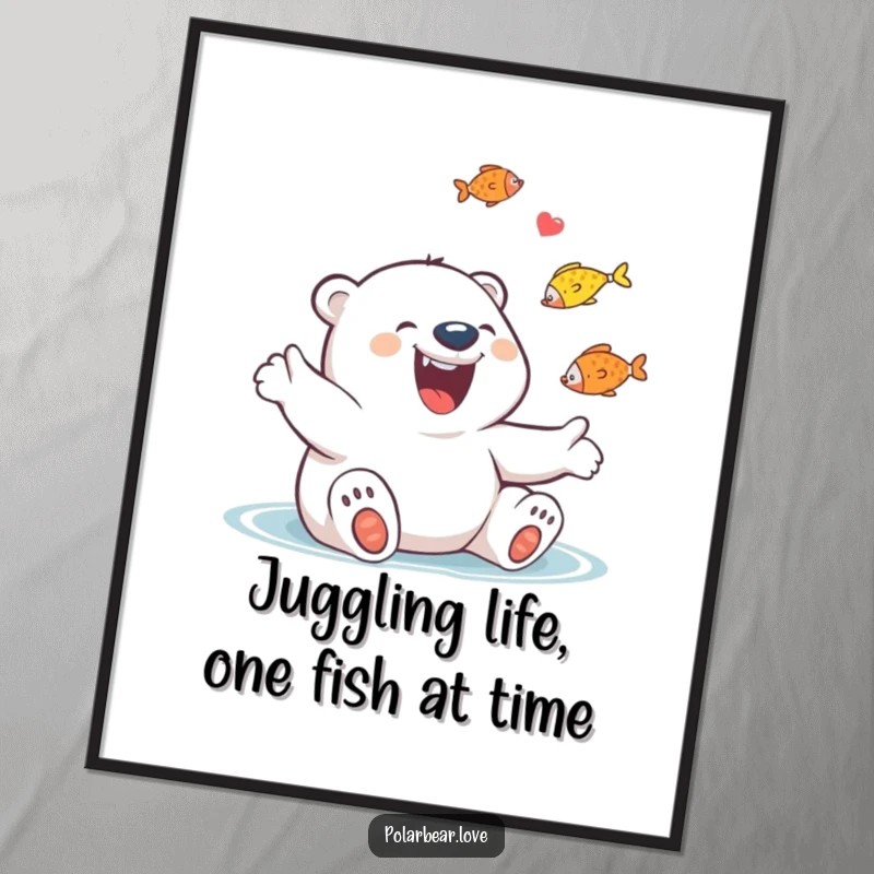 Funny Free Printable Wall Art: Giggling Polar Bear with Huge Grin Joyfully Juggling Colorful Fish