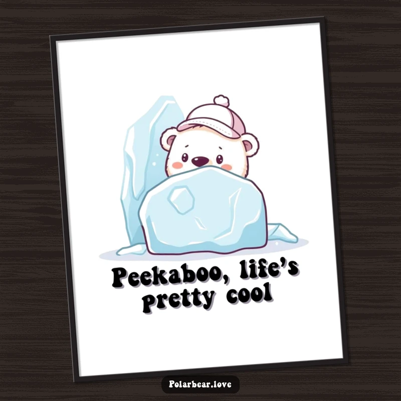 Funny Free Printable Wall Art: A curious polar bear in a cap peeks from behind a large ice sculpture, adding whimsical charm.