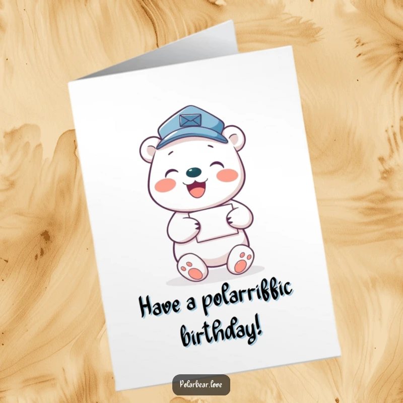Funny Free Printable Birthday Card: A joyful polar bear mail carrier in a tiny hat, gleefully delivering letters.