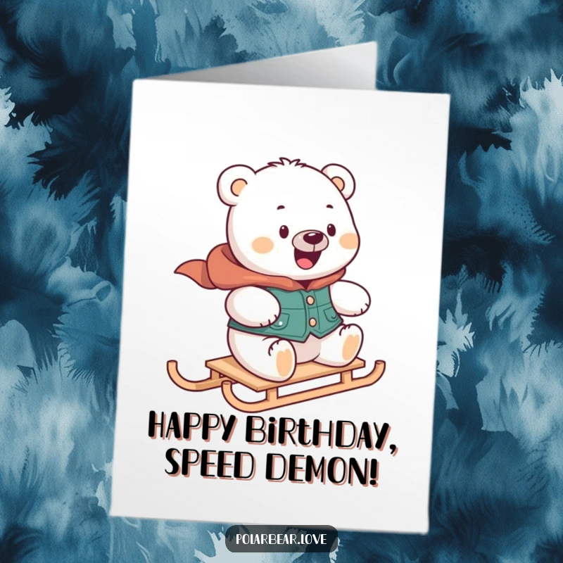 Funny Free Printable Birthday Card: A delighted polar bear in a vest zooms gleefully down a snowy hill on a mini sled.