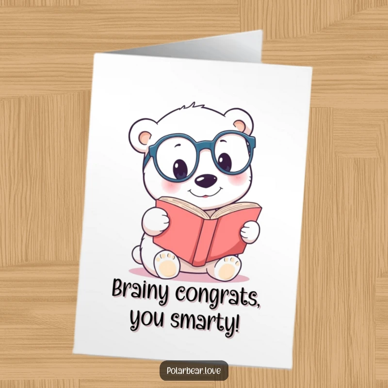 Funny Free Printable Congratulations Card: A polar bear in glasses curiously reading a large book, celebrating intellect.