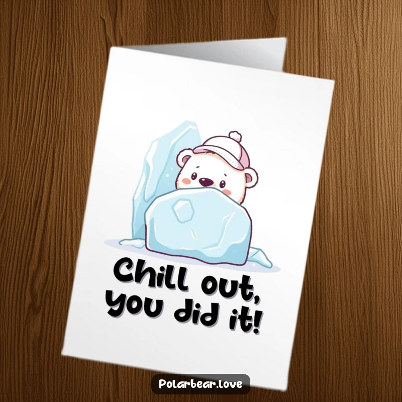 Funny Free Printable Congrats Card: A curious polar bear in a cap peeks from behind an ice sculpture, celebrating your success.