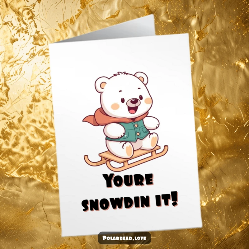 Funny Free Printable Congrats Card: A happy polar bear in a vest speeds by on a mini sled, celebrating your win.