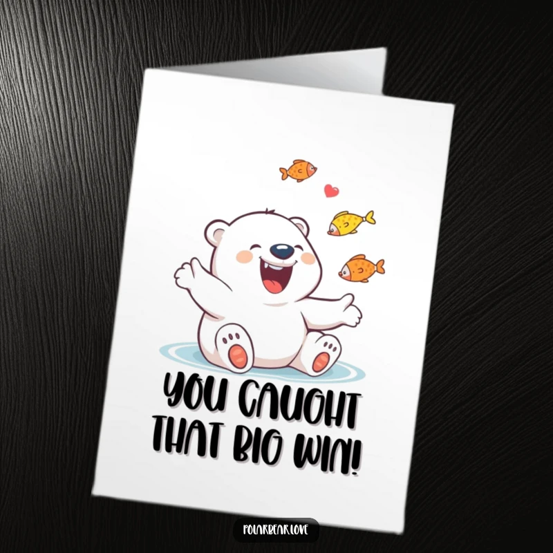 Funny Free Printable Congrats Card: Giggling Polar Bear with Huge Grin Joyfully Juggling Colorful Fish