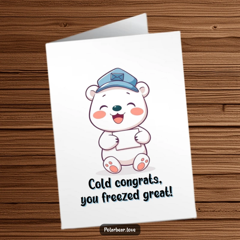 Funny Free Printable Congratulations Card: A happy polar bear mail carrier delivering letters with festive cheer.