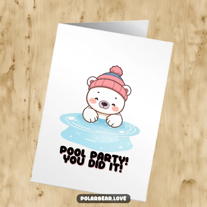 Funny Free Printable Congratulations Card: A silly polar bear in a beanie dips its paws into a sparkling pool celebrating.