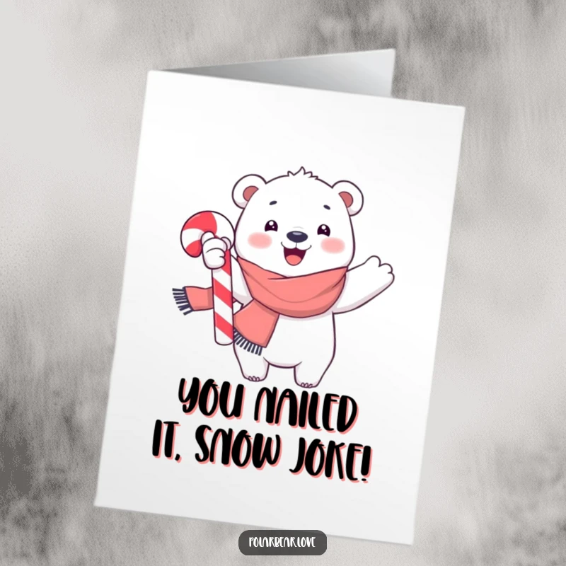 Funny Free Printable Congratulations Card: Polar bear with a bright scarf waves a large candy cane in celebration.