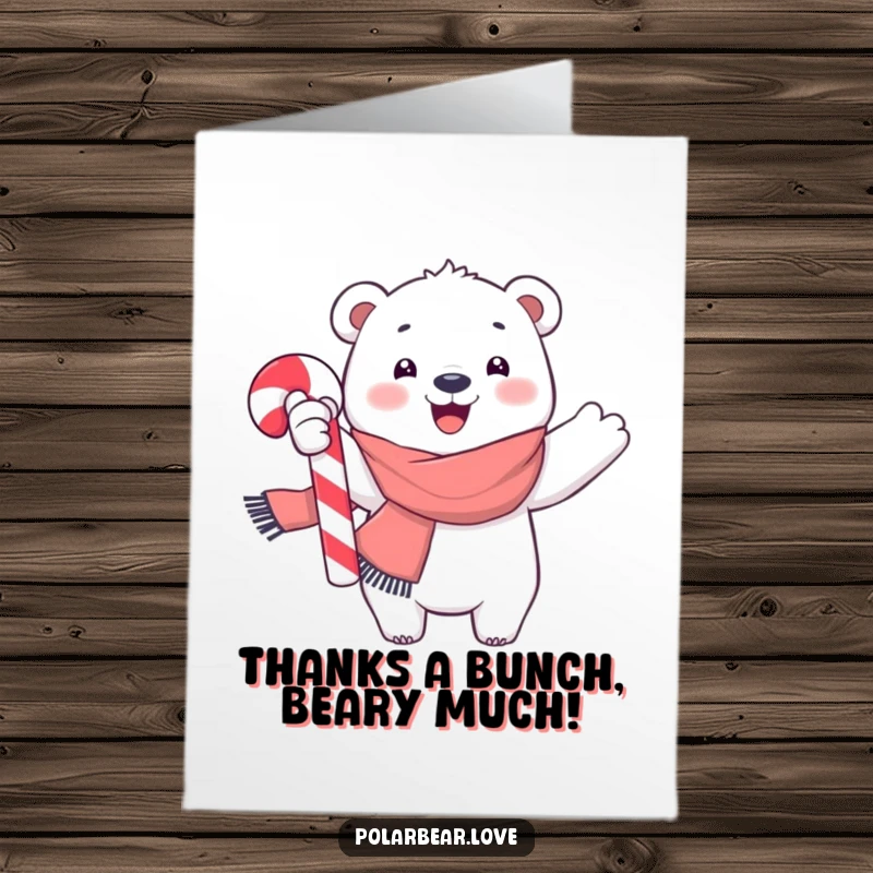 Funny Free Printable Thank You Card: A happy polar bear in a scarf waves a big candy cane expressing thanks.