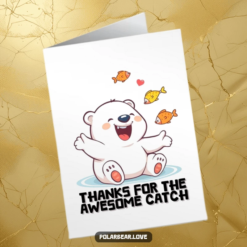 Funny Free Printable Thank You Card: Giggling Polar Bear with Huge Grin Joyfully Juggling Colorful Fish
