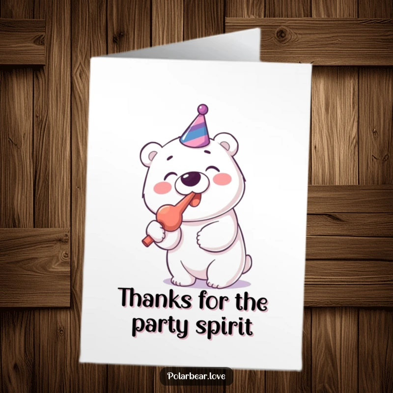 Funny Free Printable Thank You Card: Cheerful Polar Bear with Party Blower Blowing Gusto
