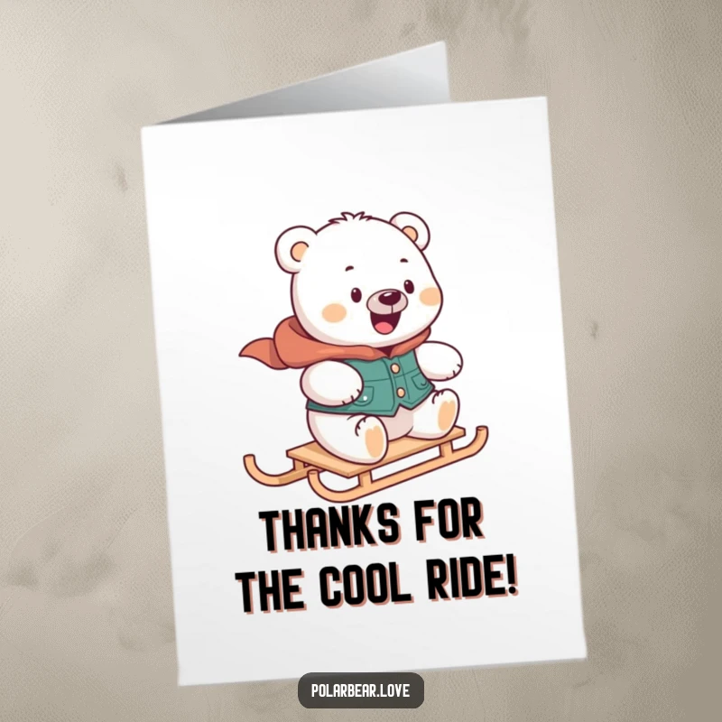 Funny Free Printable Thank You Card: A delighted polar bear in a vest sleds along, sending a speedy thank you.