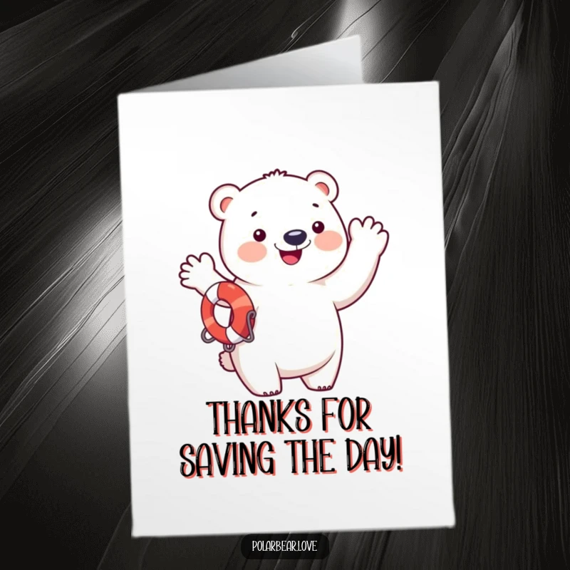 Funny free printable thank you card with a happy polar bear in a life preserver, waving enthusiastically.