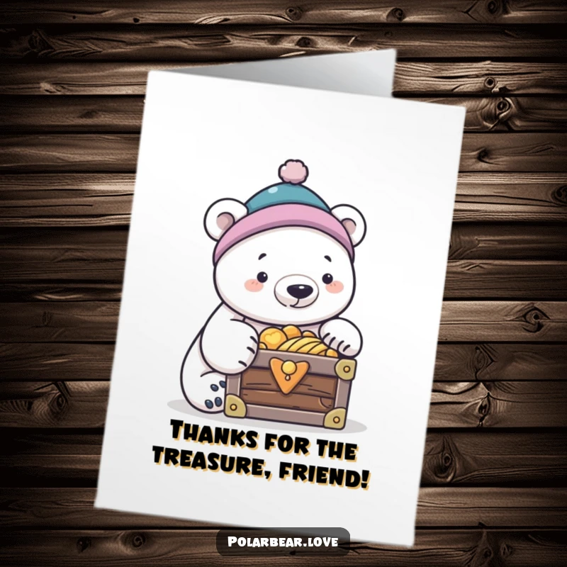 Funny free printable thank you card with a curious polar bear in a cap, looking into a treasure chest.
