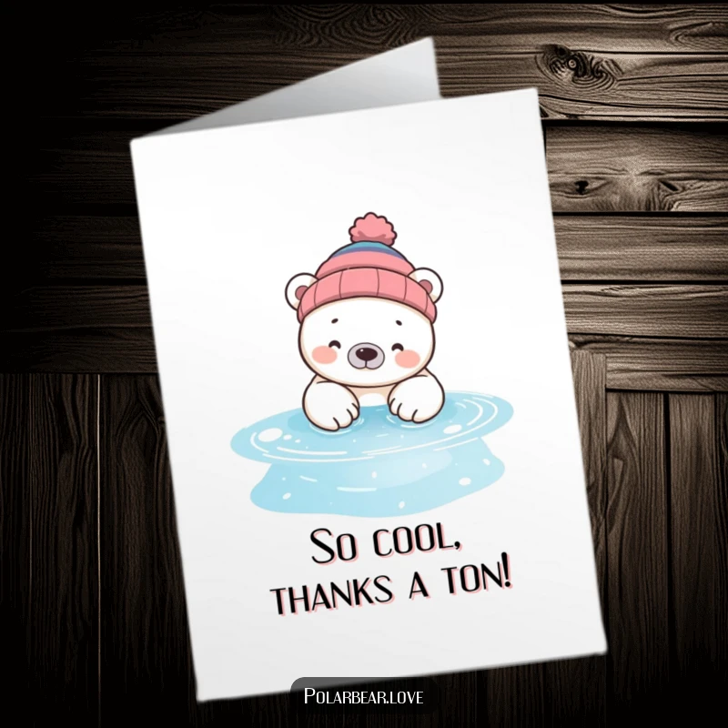 Funny Free Printable Thank You Card: A silly polar bear in a beanie dips paws in a sparkling pool saying thanks.