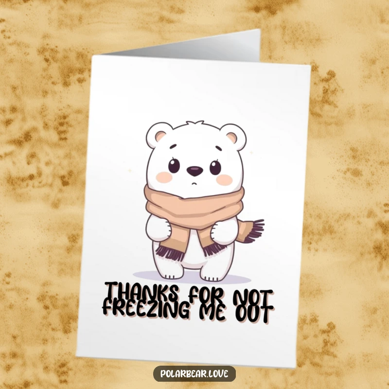Funny Free Printable Thank You Card: Surprised polar bear hugs scarf in wind, winter theme.