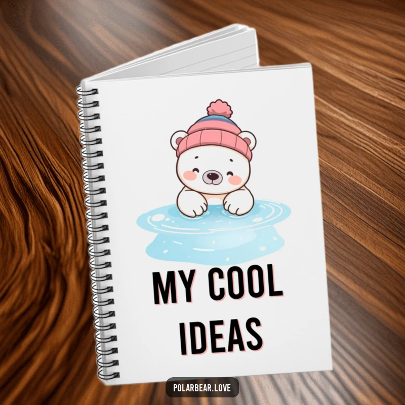 Funny polar bear notebook cover, a bear wearing a beanie, dipping paws into a sparkling pool, perfect for jotting down ideas.