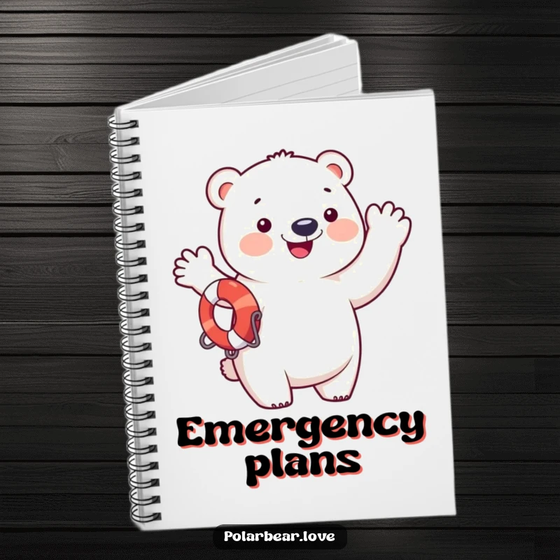 Funny polar bear wearing a life preserver, waving enthusiastically, perfect for a funny notebook gift.