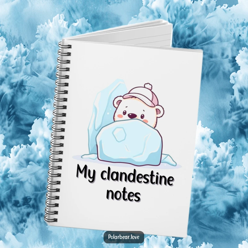 Funny polar bear notebook in a cap, curiously peeking from behind a large ice sculpture, ideal for jotting down curious thoughts.