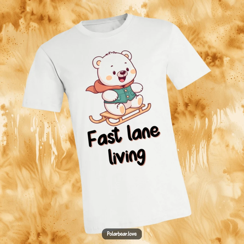 Funny polar bear t-shirt in a vest, looking delighted while zooming on a mini sled, ideal for winter apparel enthusiasts.