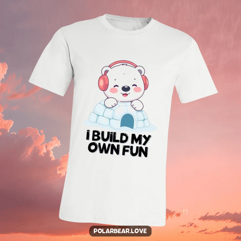 Funny polar bear t-shirt featuring a content bear wearing earmuffs, happily constructing a sparkling igloo, embodying winter coziness.