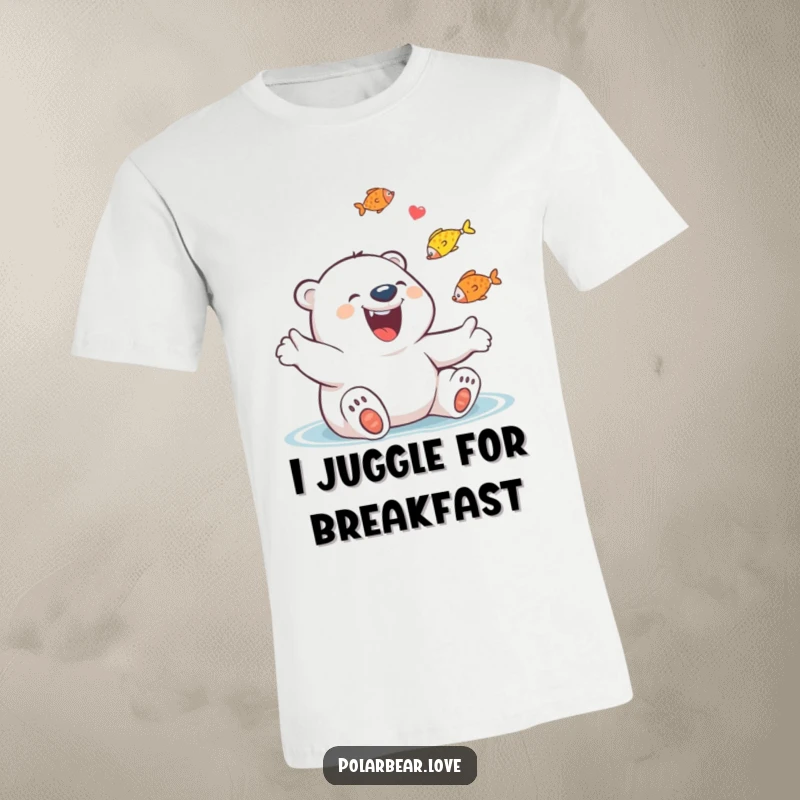 Funny Polar Bear Juggling Fish T-Shirt: A giggling polar bear with a big grin joyfully juggles colourful fish.
