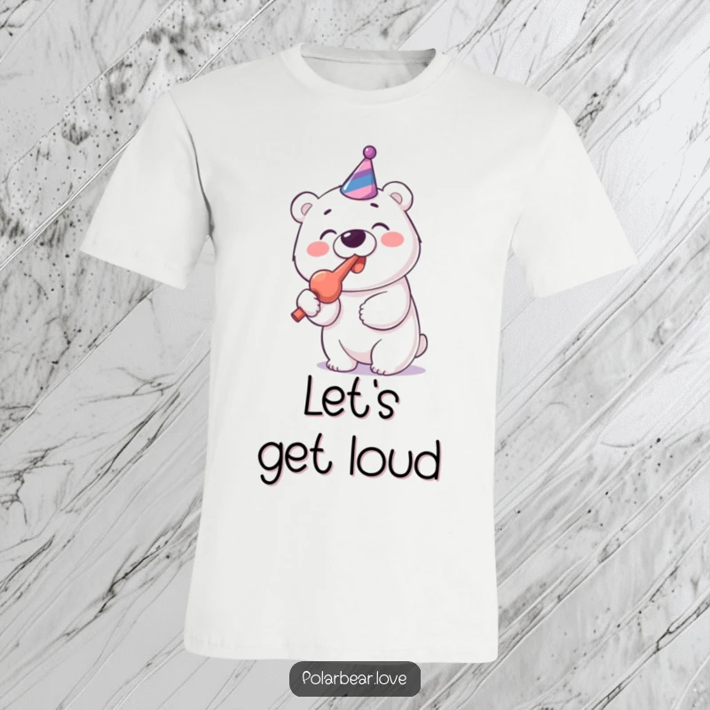 Funny Polar Bear Party Blower T-Shirt: A cheerful polar bear enthusiastically blows a party blower with gusto.