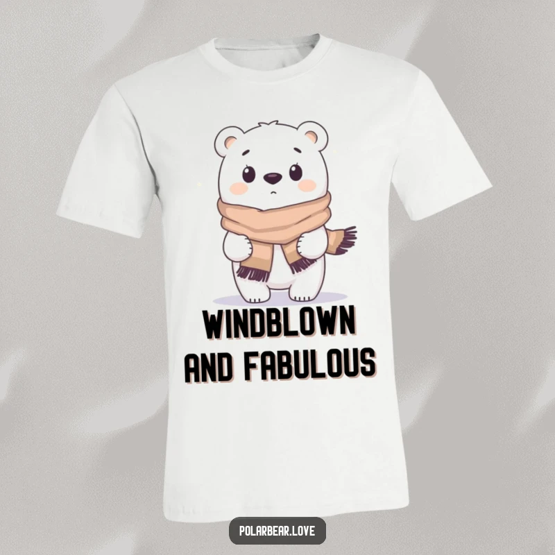 Funny polar bear t-shirt surprised by wind, wearing big scarf, looking comical and slightly out of control.