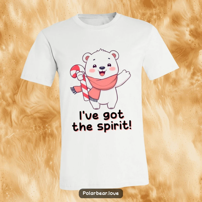 Funny polar bear t-shirt in a bright scarf, happily waving a large candy cane, a joyful and festive holiday season design.