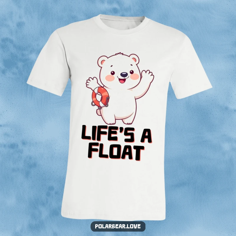 Funny polar bear in a life preserver, waving with great enthusiasm, ideal funny t-shirt.