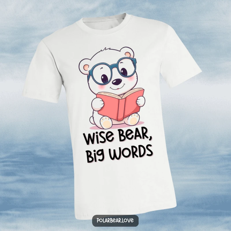 Funny polar bear spectacles t-shirt, featuring a curious bear with large glasses reading a book.