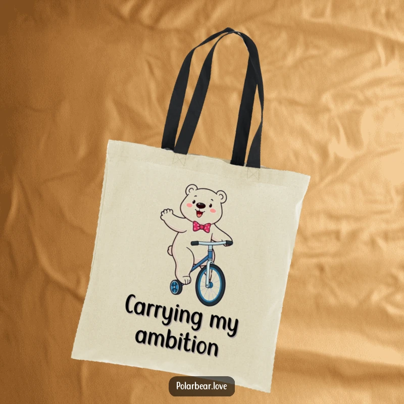 Funny Polar Bear Unicycle Tote Bag: An energetic polar bear with a bowtie comically rides a unicycle.