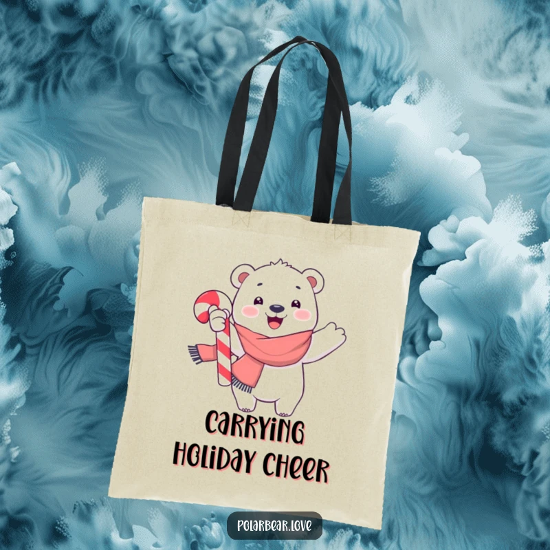 Funny polar bear tote bag, wearing a scarf, joyfully waving a big candy cane, a practical and cheerful holiday accessory.