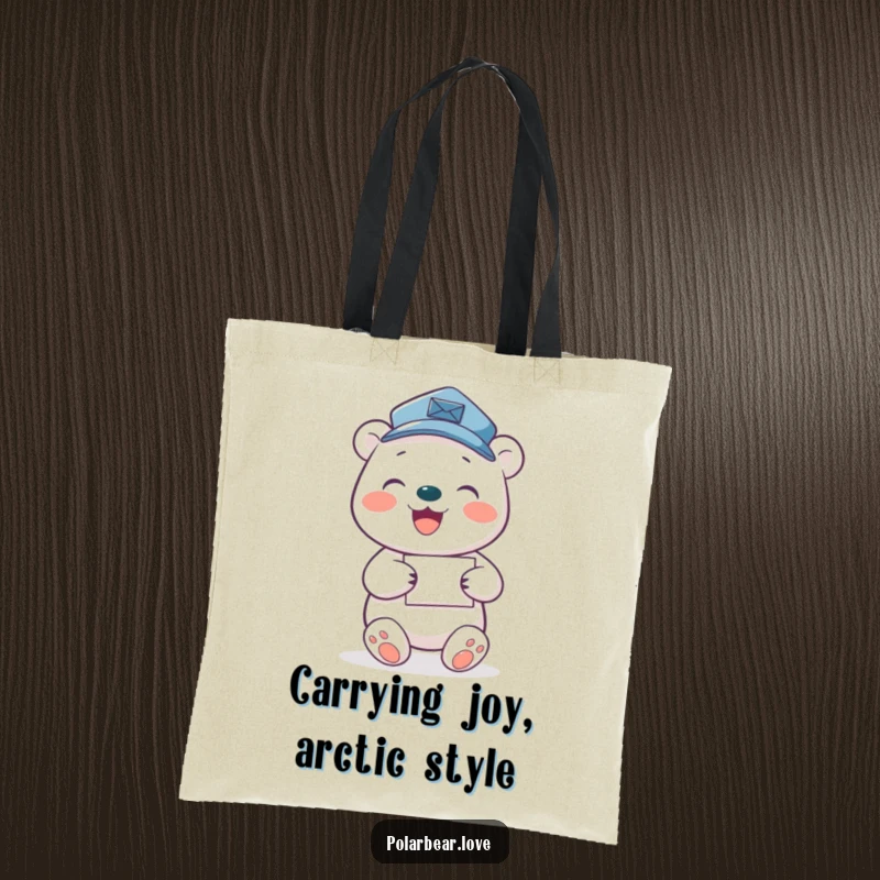 Funny polar bear mail carrier tote bag, featuring a joyful bear in a mail hat delivering letters.