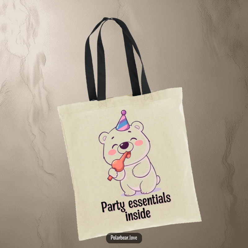 Funny Polar Bear Party Blower Tote Bag: A cheerful polar bear enthusiastically blows a party blower.