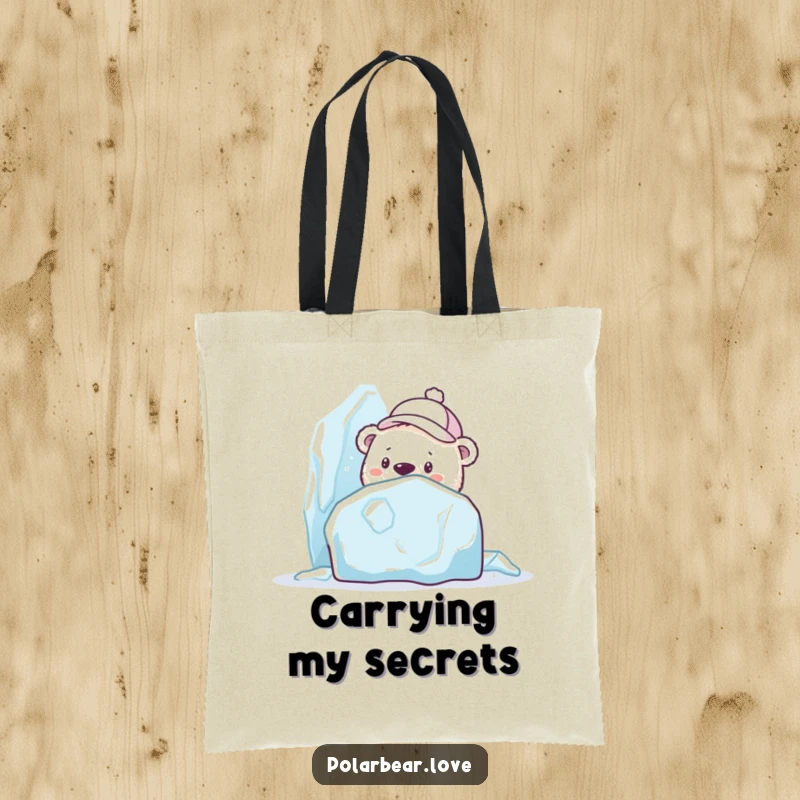 Funny polar bear tote bag in a cap, curiously peeking from behind a large ice sculpture, great for carrying curious items humorously.