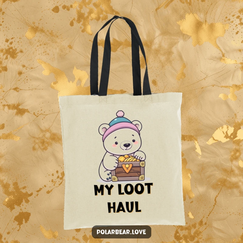 Funny polar bear in a tiny cap, peeking into a treasure chest, a charming and funny tote.