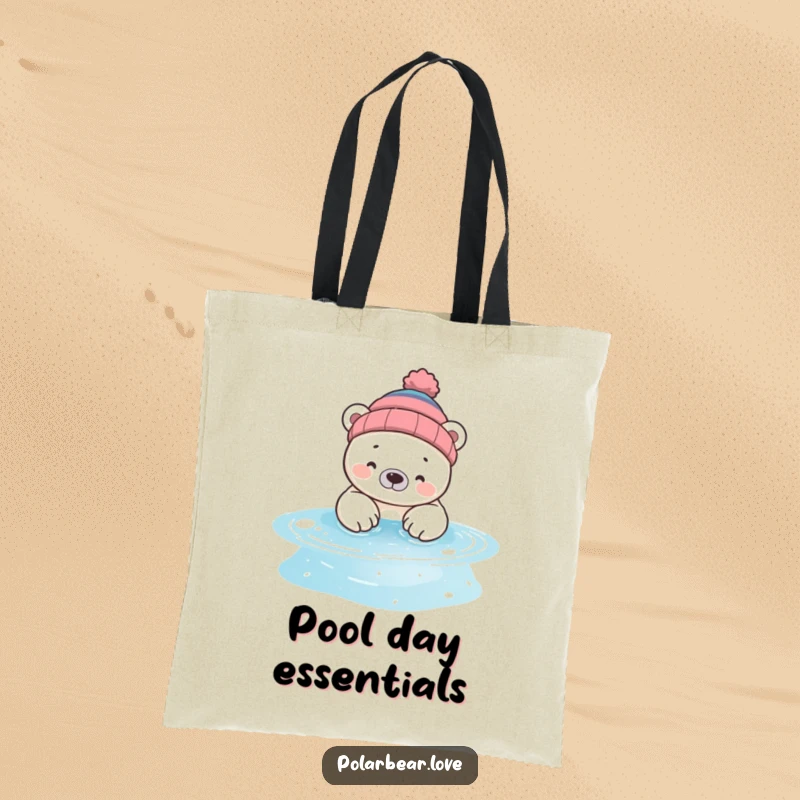 Funny polar bear tote bag, wearing a beanie, dipping paws into a sparkling pool, a fun and practical accessory for any outing.